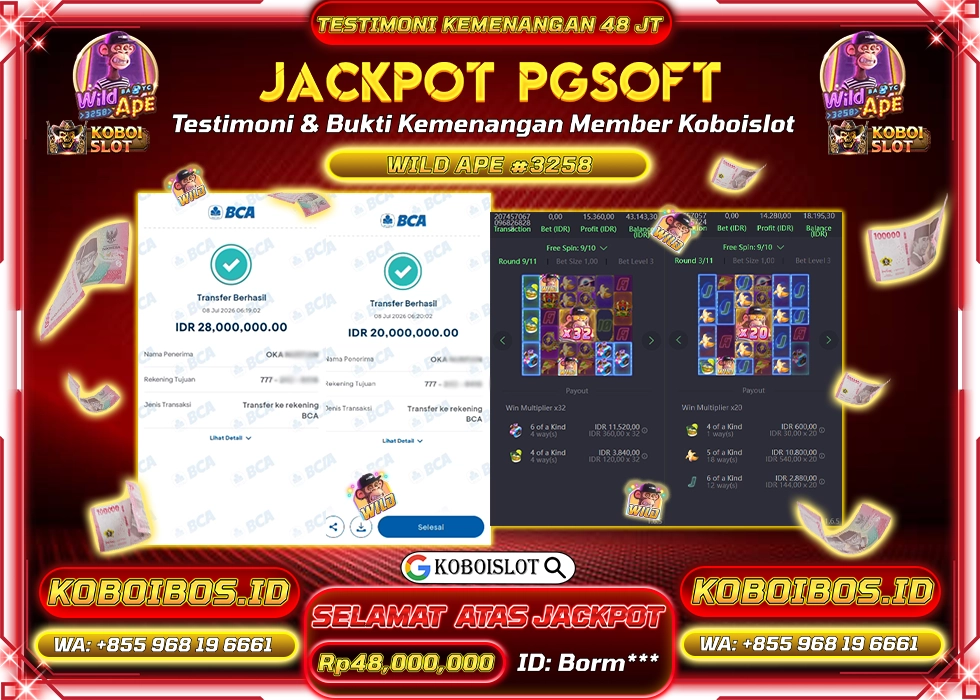 BUKTI KEMENANGAN SLOT GACOR WILD APE #3258 Rp48.000.000,- LUNAS